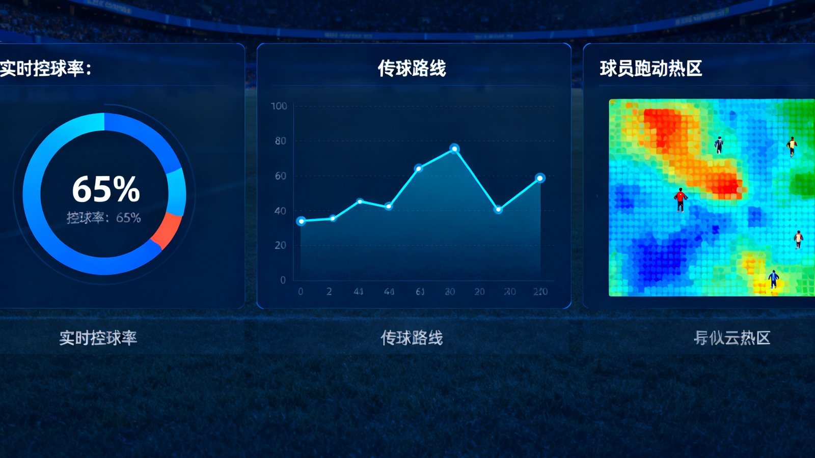开云数据仪表盘展示足球比赛实时控球率，传球路线图以及球员跑动热区，界面专业